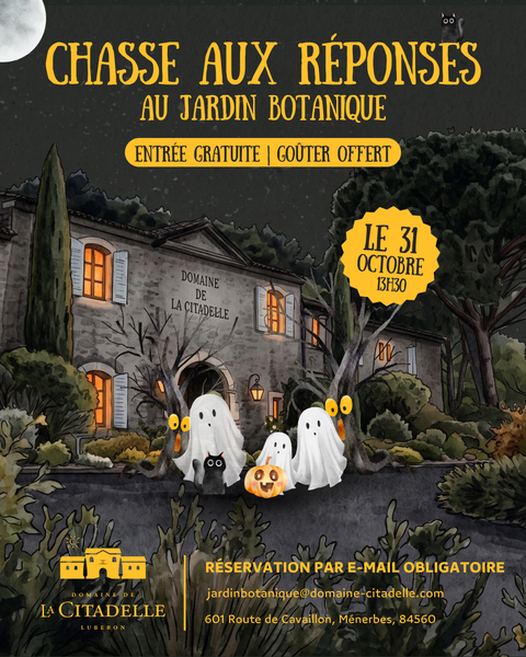 Plakat zur Halloween-Rätselrallye im Botanischen Garten der Domaine de la Citadelle in Ménerbes