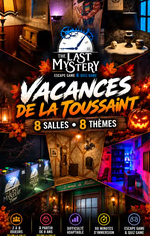 Veranstaltungsplakat zu den Herbstferien bei The Last Mystery in Robion mit acht Escape Rooms und fantasievollen Spielwelten