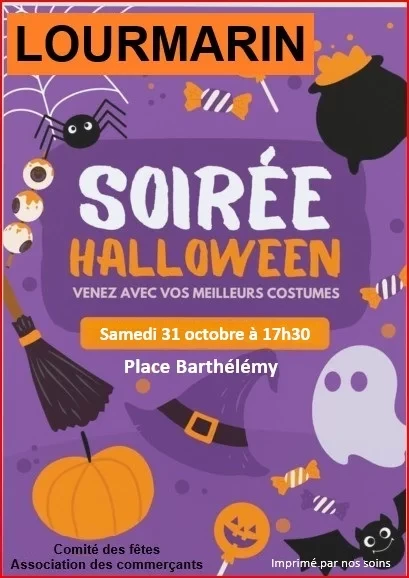 Plakat zur Halloween-Feier in Lourmarin mit Süßigkeitensuche sowie Geister- und Kürbisillustrationen