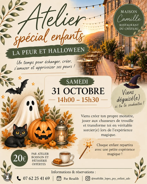 Plakat zum Halloween-Workshop für Kinder im Maison Camille in Lauris mit Kürbissen und Halloween-Dekorationen