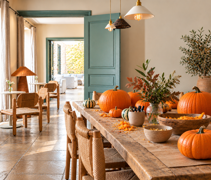 Herbstliche Dekoration mit Kürbissen im Domaine de Fontenille in Lauris zu Halloween