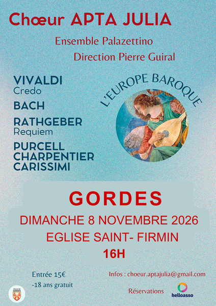 Konzert Das barocke Europa in Gordes - Choeur Apta Julia Plakat des Konzerts Das barocke Europa des Choeur Apta Julia in Gordes mit der Darstellung eines musizierenden Engels.