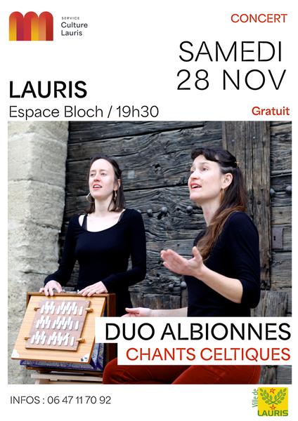 Plakat des Konzerts mit keltischen Liedern des Duo Albionnes in Lauris mit Carole Winandy und Holly Hinton-Smith.
