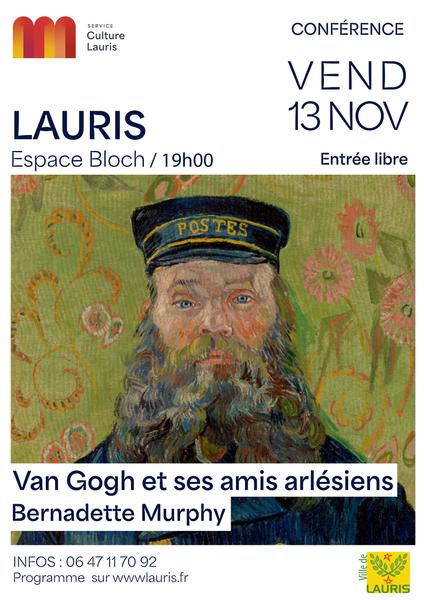Plakat zum Vortrag Van Gogh und seine Freunde in Arles in Lauris mit dem Porträt eines Postboten, gemalt von Vincent van Gogh.