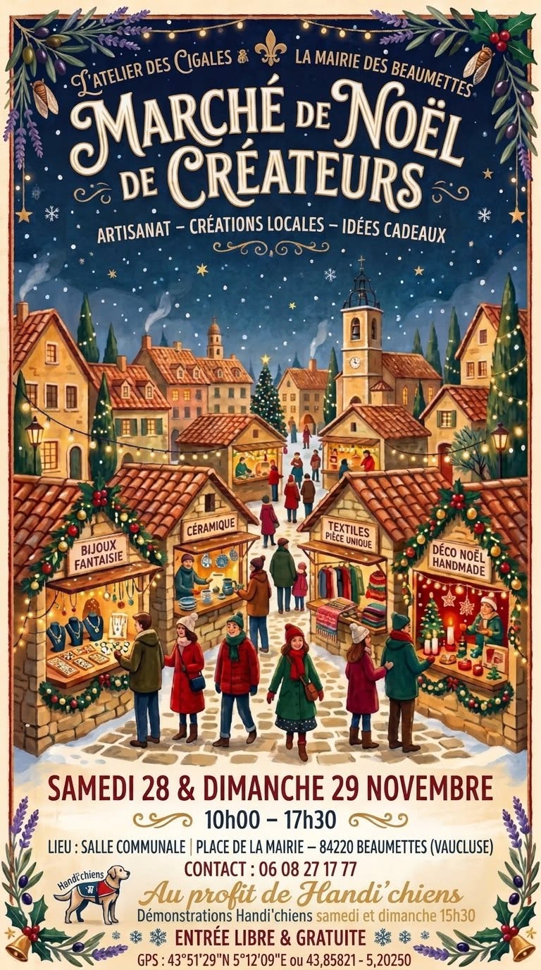 Weihnachtsmarkt der Kunsthandwerker in Les Beaumettes - 28. und 29. November 2026 Illustriertes Plakat des Weihnachtsmarkts mit festlich beleuchteten Marktständen, Besuchern und einer weihnachtlichen Dorfszene