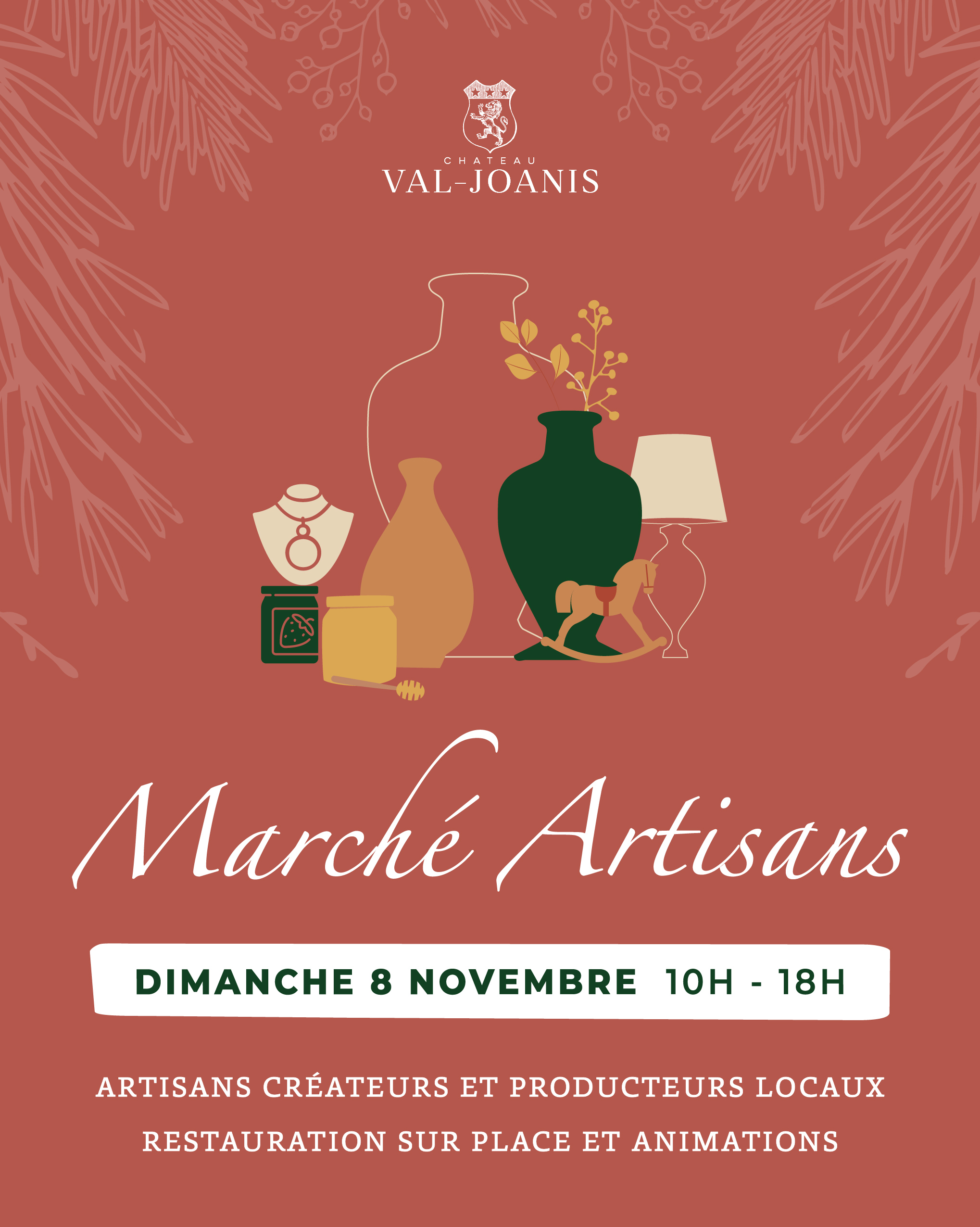 Kunsthandwerkermarkt im Château Val Joanis in Pertuis - 8. November 2026 Plakat des Kunsthandwerkermarkts im Château Val Joanis mit Illustrationen von handgefertigten Dekorationsgegenständen auf terrakottafarbenem Hintergrund
