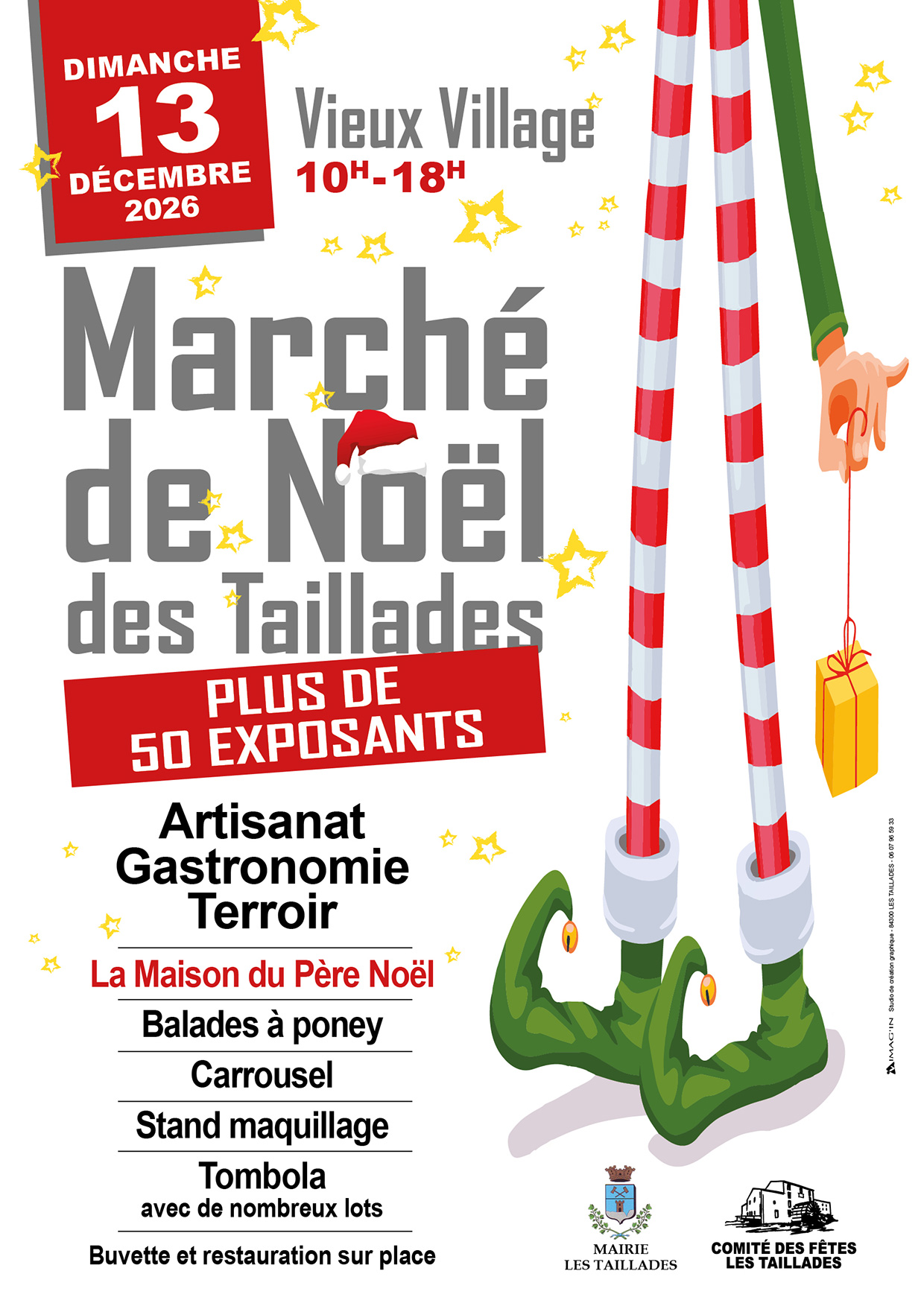 Plakat des Weihnachtsmarkts in Les Taillades am 13. Dezember 2026 mit über 50 Ständen und Weihnachtsanimationen im alten Dorfkern.