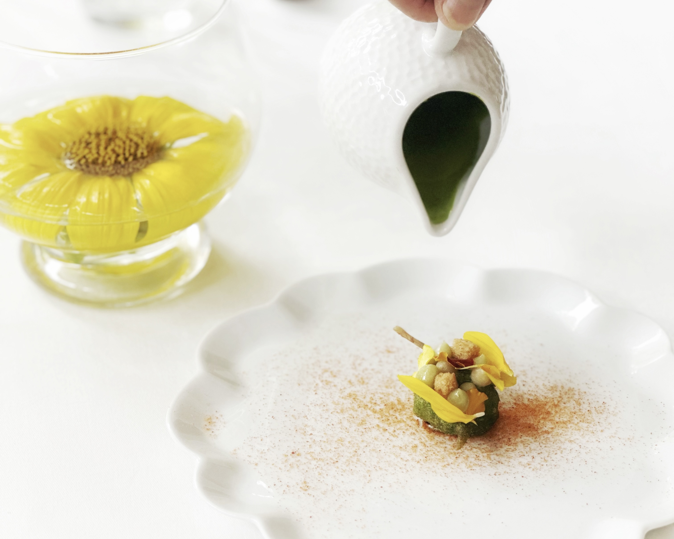 Raffiniertes gastronomisches Gericht, serviert im Restaurant L'Olivier im Luberon, dekoriert mit essbaren gelben Blumen und begleitet von einer grünen Sauce.